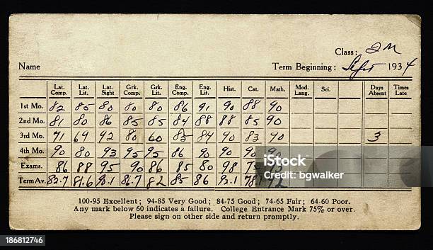 Old Bericht Card Stockfoto und mehr Bilder von Schulzeugnis - Schulzeugnis, 1930, Bildung