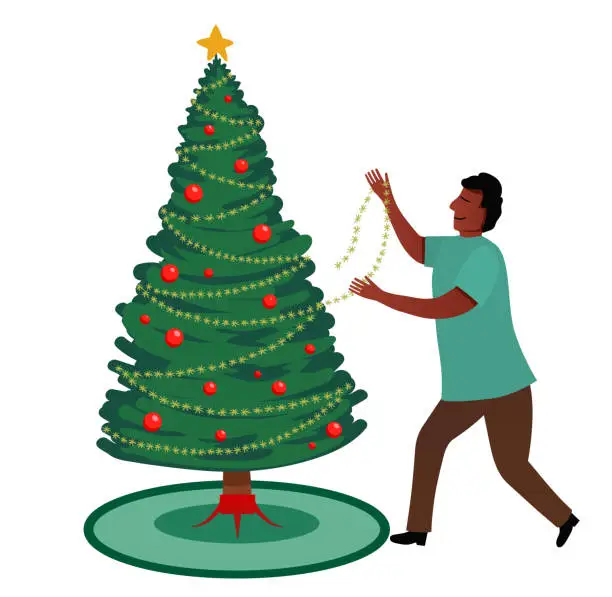 Vector illustration of Man Decorating A Christmas Tree  On A Transparent Background