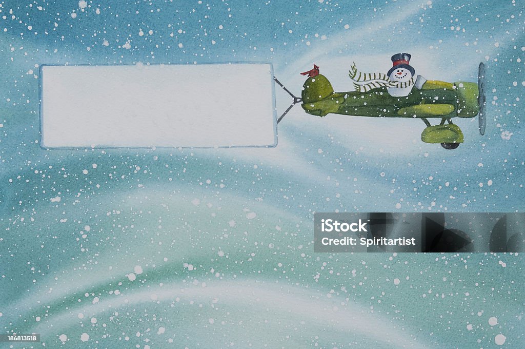 Pupazzo di neve vola un aereo con un Banner vuoto - Illustrazione stock royalty-free di Natale