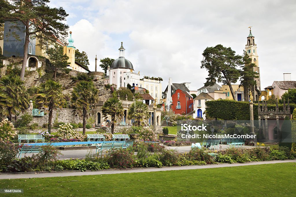 Portmeirion "Village view of Portmeirion, a popular North Wales tourist attraction, from the central Piazza." Portmeirion Stock Photo