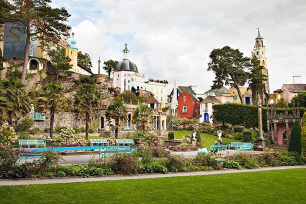 Portmeirion "Village view of Portmeirion, a popular North Wales tourist attraction, from the central Piazza." portmeirion stock pictures, royalty-free photos & images