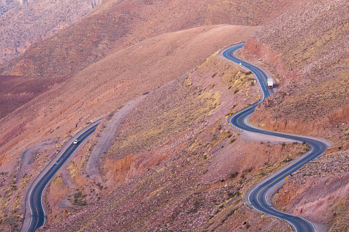 Mountain roads with many curves in the north of Argentina.
