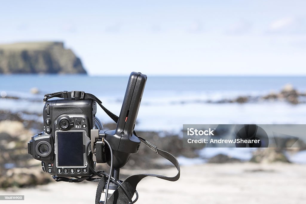 Photographing Seascape "A camera set to capture a seascape image at St Ninians Isle beach in the Shetland Isles, Scotland, UK." Beach Stock Photo