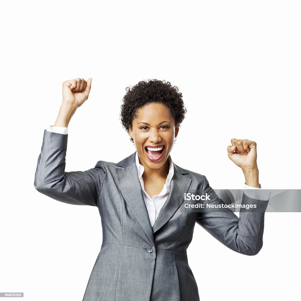Businesswoman Cheering With Her Arms in the Air - Isolated Businesswoman cheers with her arms raised in the air. Square shot. Isolated on white. Businesswoman Stock Photo