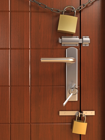 Stainless door latch with dark brown wood background