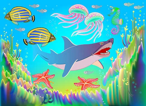 Fantasy illustration of underwater life with beautiful fishes, shark, starfish, seahorses, seaweed, jellyfish. Fairyland sea background with maritime environment for kids book. Vector cartoon image.