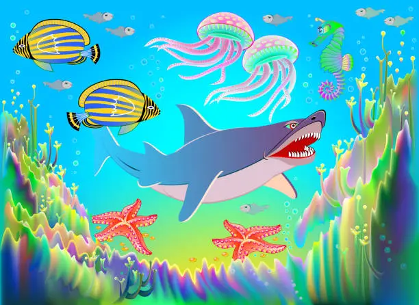 Vector illustration of Fantasy illustration of underwater life with beautiful fishes, shark, starfish, seahorses, seaweed, jellyfish. Fairyland sea background with maritime environment for kids book. Vector cartoon image.