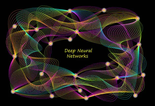 Vector illustration of Stylized background of deep neural networks activity in brain. Artificial Intelligence System. High tech digital technology. Print for scientific research in biology, physics and nanotechnologies.