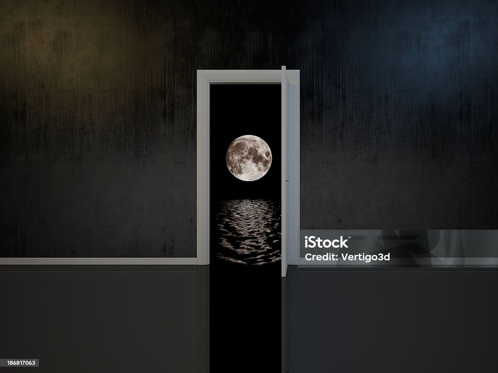 Room with door into the dreams Grunge Room open door into the dreams with  night moon view and oceanMoon texture taken fromhttp://en.wikipedia.org/wiki/File:Full_moon.jpeg Door Stock Photo