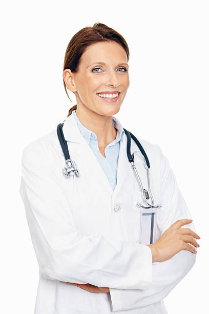 istock Pretty doctor smiling confidently isolated on white 186817064