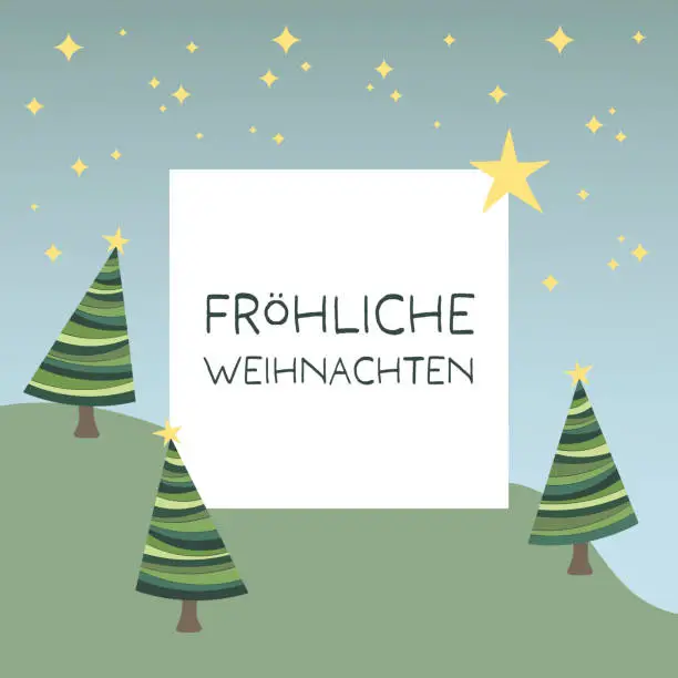 Vector illustration of Fröhliche Weihnachten - text in German language - Merry Christmas. Square greeting card with Christmas trees and starry sky.