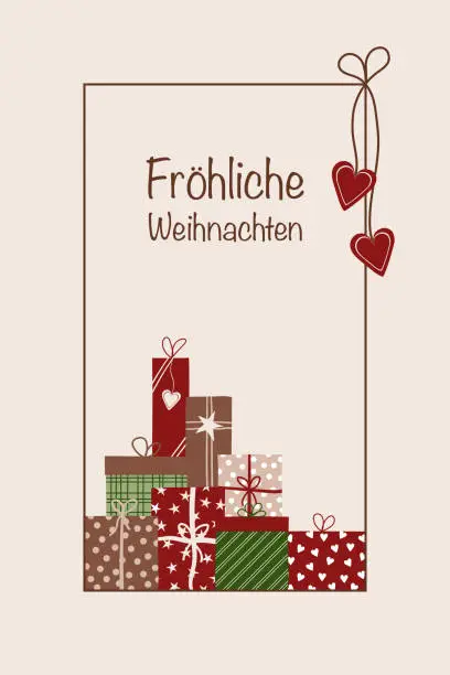 Vector illustration of Fröhliche Weihnachten - lettering in German language - Merry Christmas. Greeting card with colorful gift packages.