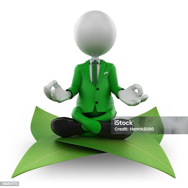 3d Man Meditating On Leaf Isolated With Clipping Path Stock Photo - Download Image Now