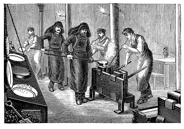 Engraving men processing liquid metal on furnaces  knurl stock illustrations
