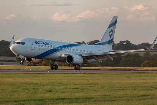 Luton, UK - August 20, 2023: Boeing 737 4X-ECO Israel Airlines, El Al, landing at London Luton airport.