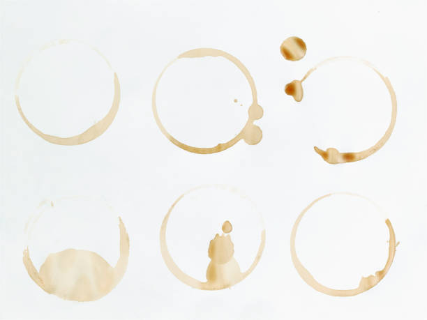 Six coffee stains on white surface stock photo
