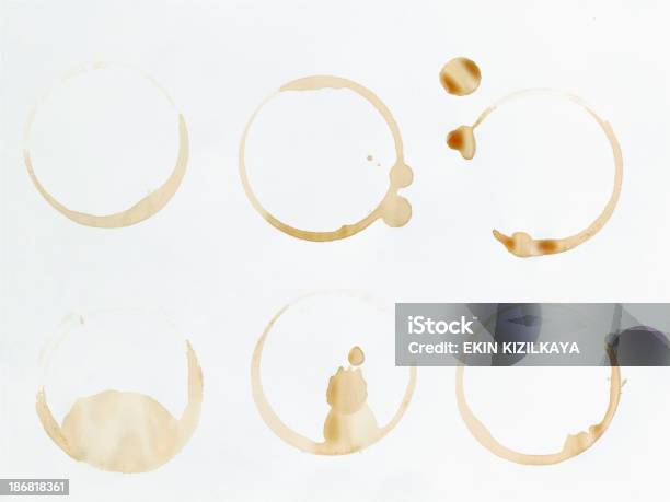 Six Coffee Stains On White Surface Stock Photo - Download Image Now - Coffee - Drink, Stained, Spilling