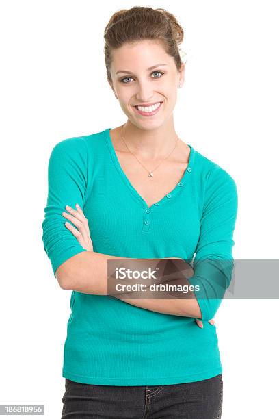 Cheerful Smiling Young Woman Crosses Arms Stock Photo - Download Image Now - One Person, People, Real People