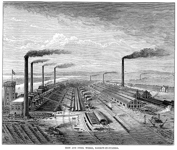 ilustrações de stock, clip art, desenhos animados e ícones de ferro e aço funciona barrow-in-furness - factory pollution smoke smog