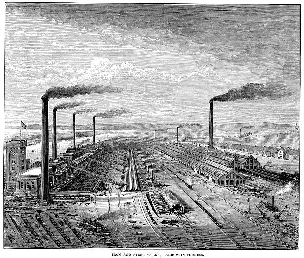 Iron and Steel Works Barrow-in-Furness "Vintage engraving from 1878 of Iron and Steel Works Barrow-in-Furness, Cumbria, England." steel mill stock illustrations