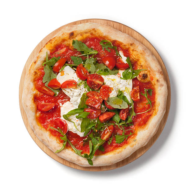 Pizza fresh tomatoes, arugula, burrata on wooden plate, white background stock photo