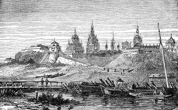 19th century engraving of Kazan, Russia photographed from a book titled the 'National Encyclopedia', published in London in 1881. Copyright has expired on this artwork. Digitally restored. маточное молочко как применять stock illustrations