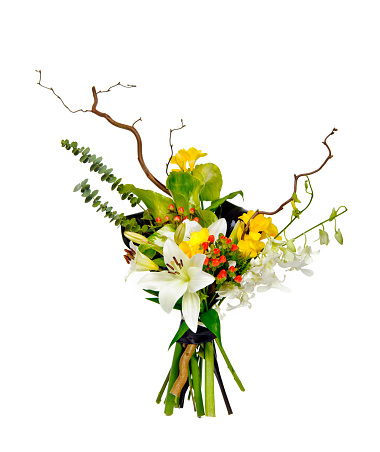 modern flower bunch on white background;lily,myrtaceae,freesia,calla lily and coryllus avellana.