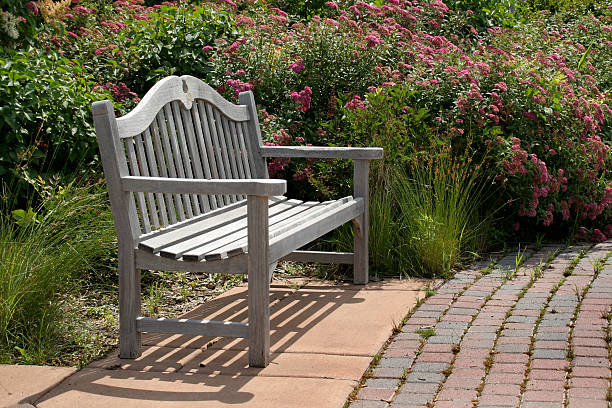 A teak wooden bench, outdoor furniture in a formal garden with blooming flower beds and brick paver patio footpath, provides a comfortable park seat for resting, relaxation. The tranquil, idyllic late summer or early autumn midwest ornamental garden is in Edina, Minnesota, USA. No people are in the natural scene.