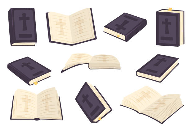 Christian Holy Bible Book Christian Holy Bible Book. Vector illustrations depict a set of Holy Bible books that open, close, showing cover. Religious Text Containing Stories And Prophecies. gospel stock illustrations