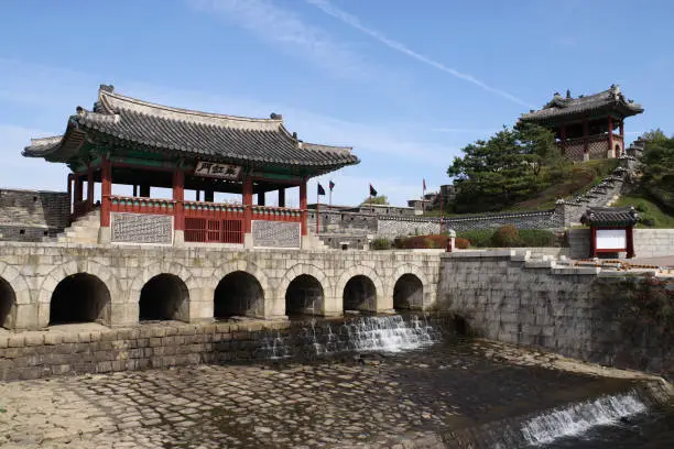 "View at Hwahongmun, otherwise known as Buksumun, the gate under which the Suwoncheon flows on entering the area encompassed by Hwaseong - part of The Suwon Hwaseong Fortress in city Suwon, South Korea.UNESCO World Heritage Site"