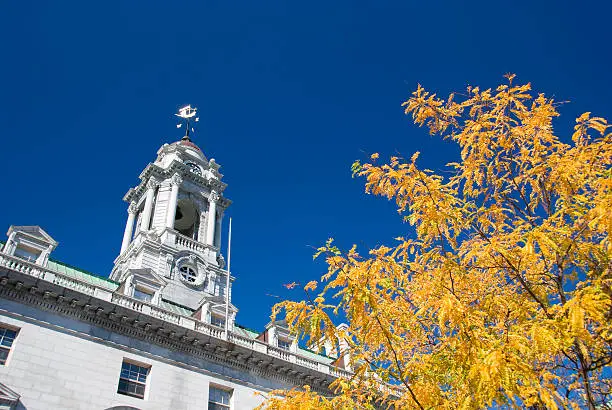 "Portland, Maine townhall with fall foliage."