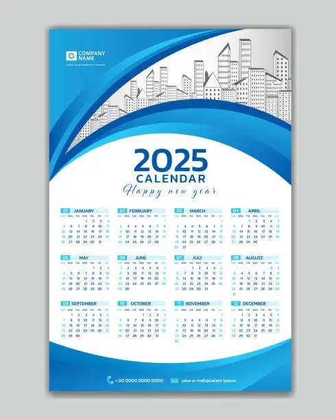 Vector illustration of Wall calendar 2025 year blue template vector with Place for Photo and Logo. Week Starts on sunday. desk calendar  2025 design, Set of 12 Months, printing media, poster, calendar 2025 design