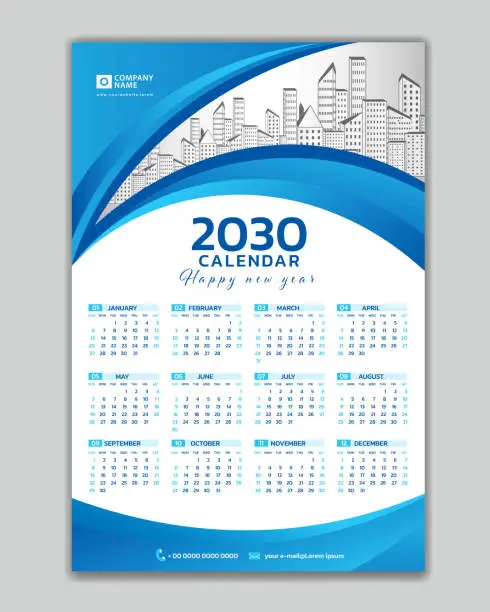 Vector illustration of Wall calendar 2030 year blue template vector with Place for Photo and Logo. Week Starts on sunday. desk calendar 2030 design, Set of 12 Months, printing media, poster, calendar 2030 design