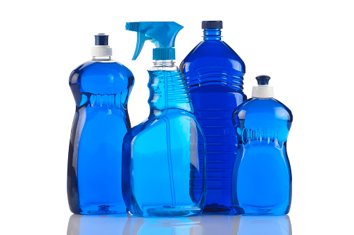 Still life of transparent plastic bottles with blue tone