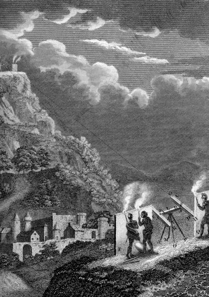 Signaling by fire Vintage engraving showing Ancient Greek of Alexander the Greats army signaling each other using fire. smoke signal stock illustrations