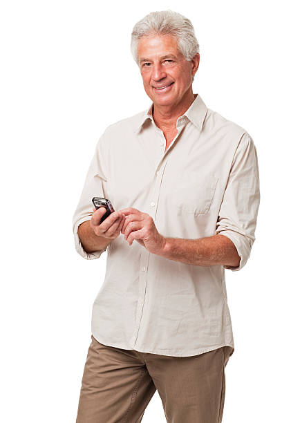 istock Senior Man With Cellphone Isolated on White 186826501