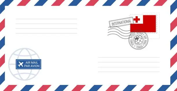 Vector illustration of Blank air mail envelope with Tonga postage stamp. Postcard vector illustration with Tongan national flag isolated on white background.