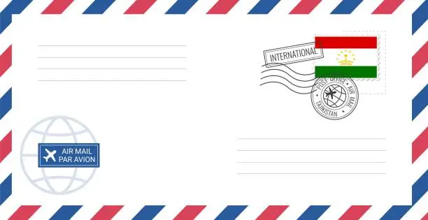 Vector illustration of Blank air mail envelope with Tajikistan postage stamp. Postcard vector illustration with Tajikistan national flag isolated on white background.