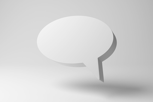 White oval speech bubble floating in mid air on white background in monochrome and minimalism. Illustration of the concept of discussion and dialogue