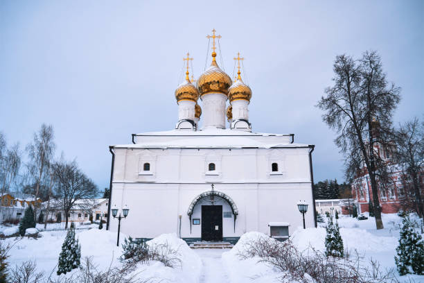 istock Front view of Russian white Orthodox church in winter 1868268100