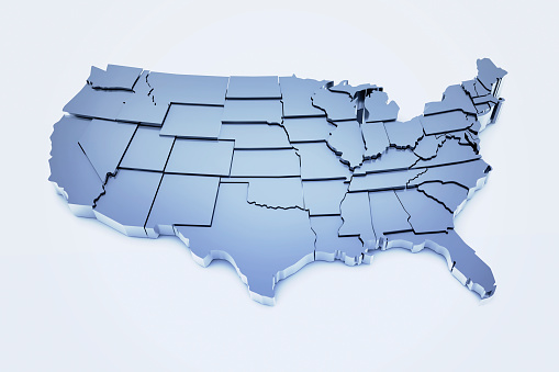 3D illustration of United States based on public domain map of USA found at: http://smartskies.nasa.gov/stan.html