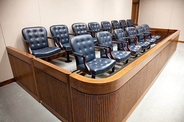 istock Seats at courtroom jury designed box 186827260