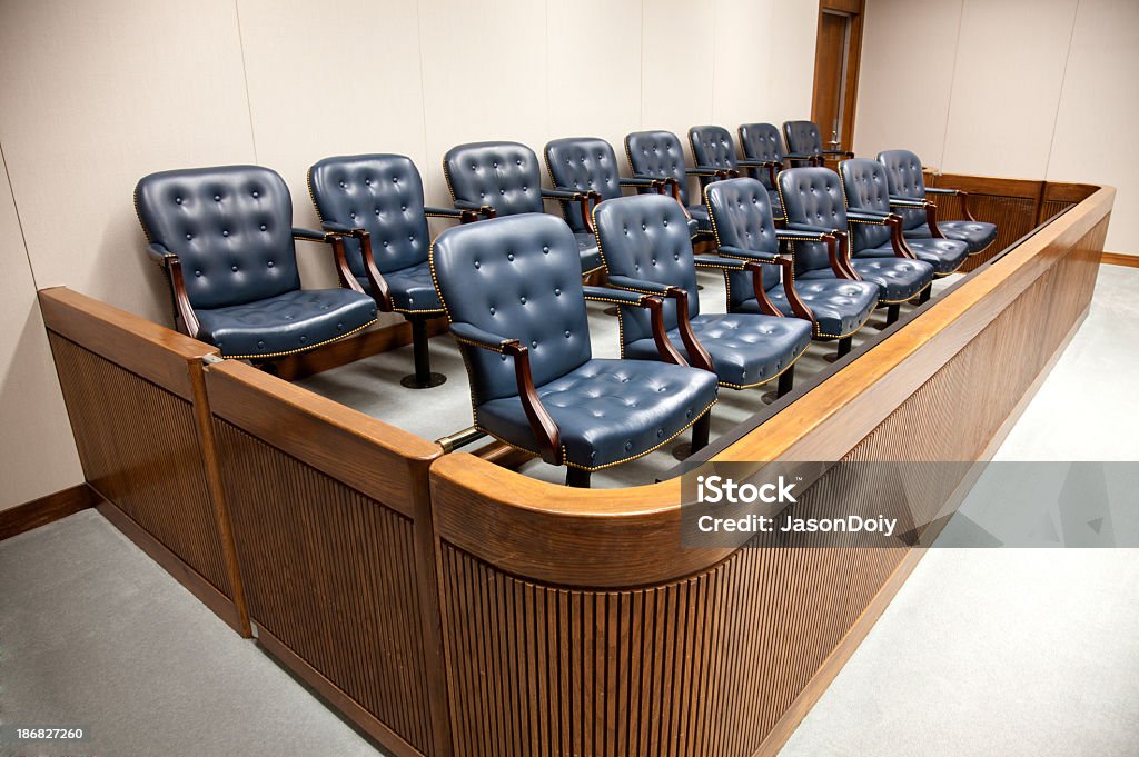 Seats at courtroom jury designed box A united states federal courtroom jury box of 14 jury seats. Jury Box Stock Photo