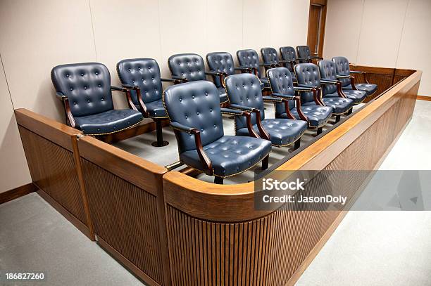Seats At Courtroom Jury Designed Box Stock Photo - Download Image Now - Jury Box, No People, 2010
