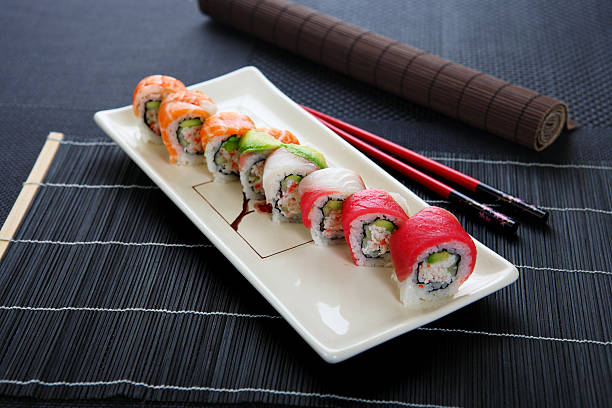 rainbow rolls Japanese sushi rainbow rolls rainbow crab stock pictures, royalty-free photos & images