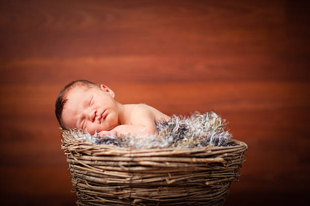 istock Newborn Baby Sleeping in Basket on Fuzzy Texture 186827814