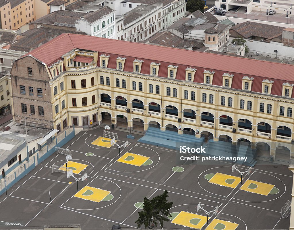 Basketball Courts Outside a School "Basketball courts outside a school in Quito, South America." Aerial View Stock Photo