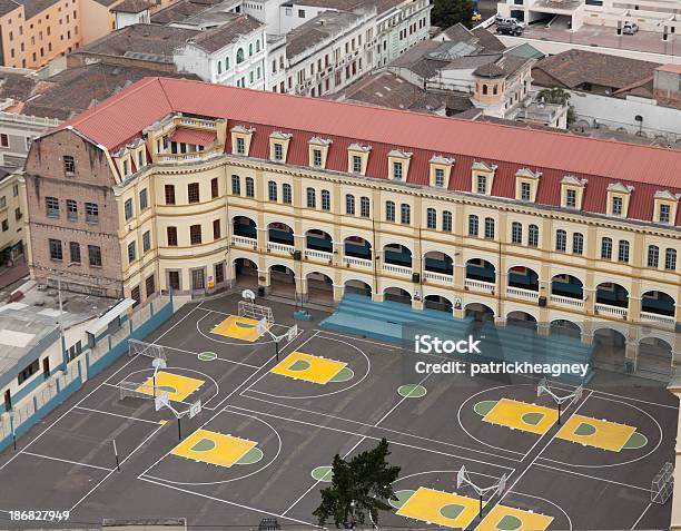 Basketball Courts Outside A School Stock Photo - Download Image Now - Aerial View, Schoolyard, Basketball - Sport