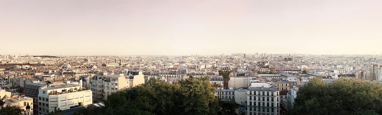Epic panorama of Montmartre and Central Paris, zoom in to see over 60mp of detail, allowing easy cropping of any particular section that might be of need, landmarks such as Pompidou Centre, and Gare du Nord can be seen as the sun sets.
