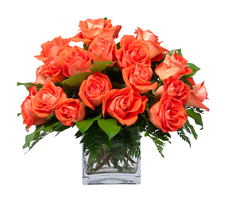 Orange Roses with green leaves in glass vase.